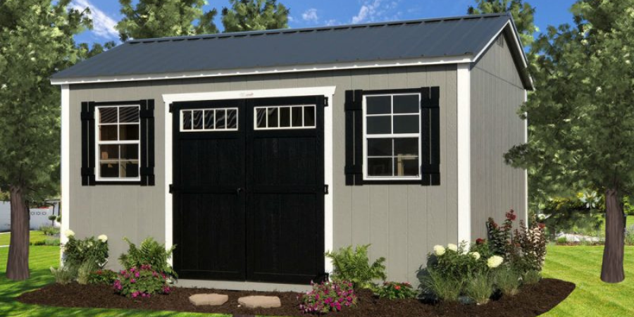 Garden shed with black door