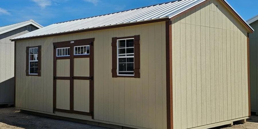 Tan shed with brown accent coloring