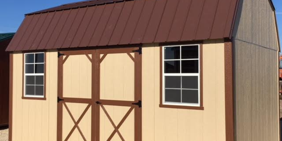 Tan shed with brown accents